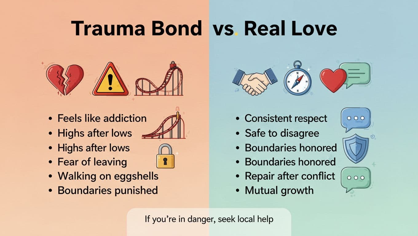 Minimalist infographic split into two columns contrasting Trauma Bond (tense palette, addiction-like traits) with Real Love (soothing palette, healthy respect and growth). Features simple icons, checklists, modern typography, whitespace, and safety footer note.