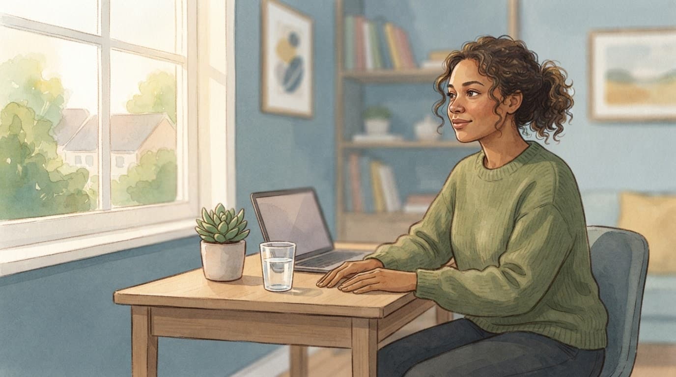 An adult rests at a desk with water, a plant, and a laptop near a window.