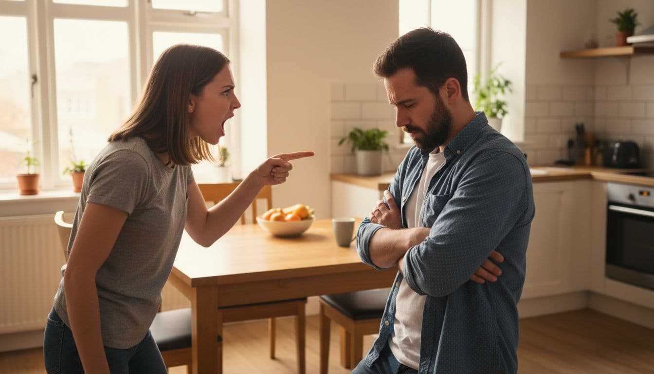 Subtle photorealistic scene of a couple arguing in a kitchen, one yelling and pointing, the other looking hurt and defensive, natural daylight, everyday home setting.