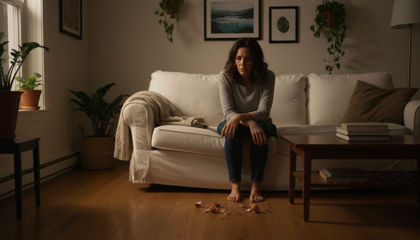 A single adult woman in her 30s sits tensely on a cozy living room couch with hunched shoulders and a worried downward gaze, subtle eggshell fragments scattered on the nearby hardwood floor, capturing the metaphor of walking on eggshells amid anxiety.