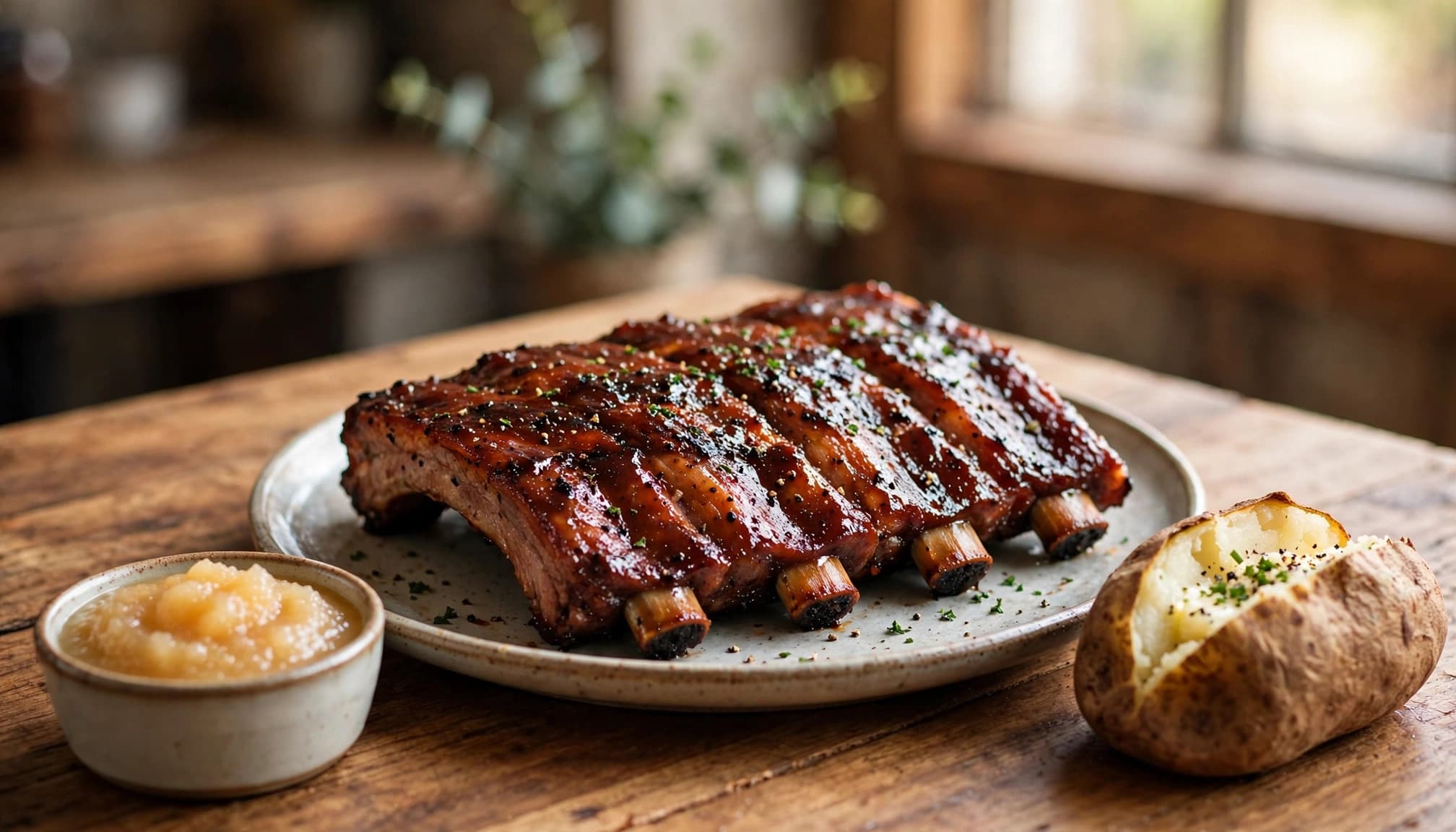 Texas Roadhouse Ribs Calories: What Your Plate Can Add Up To 1 Barbecue ribs with a baked potato and applesauce on a wooden restaurant table.