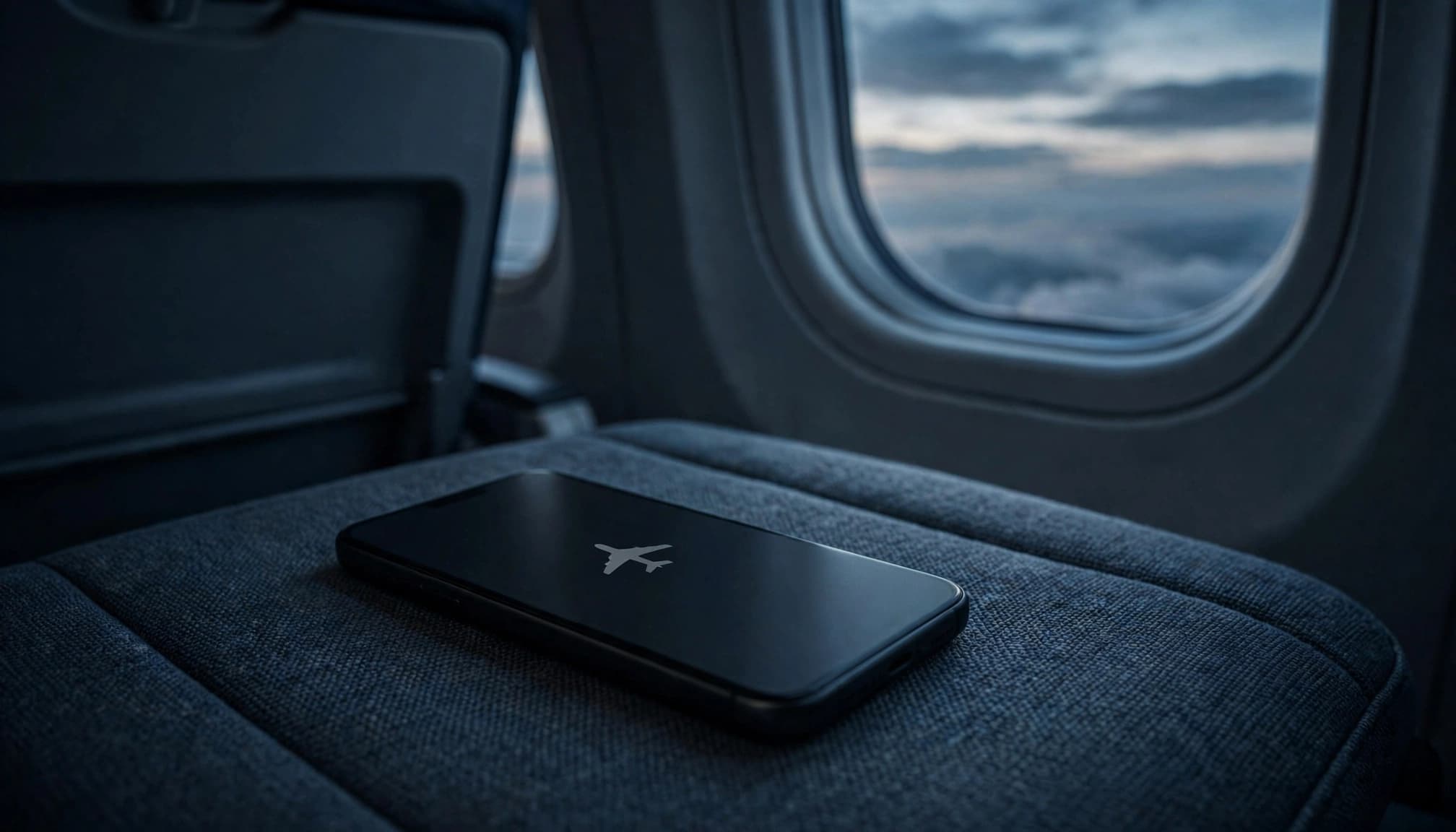A smartphone with an airplane icon rests on an empty aircraft seat beside a window showing clouds at dusk.