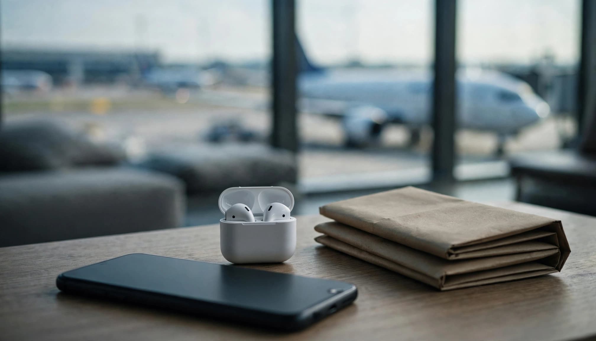 A smartphone, wireless earbuds in an open case, and a folded map on a wooden table at an airport.