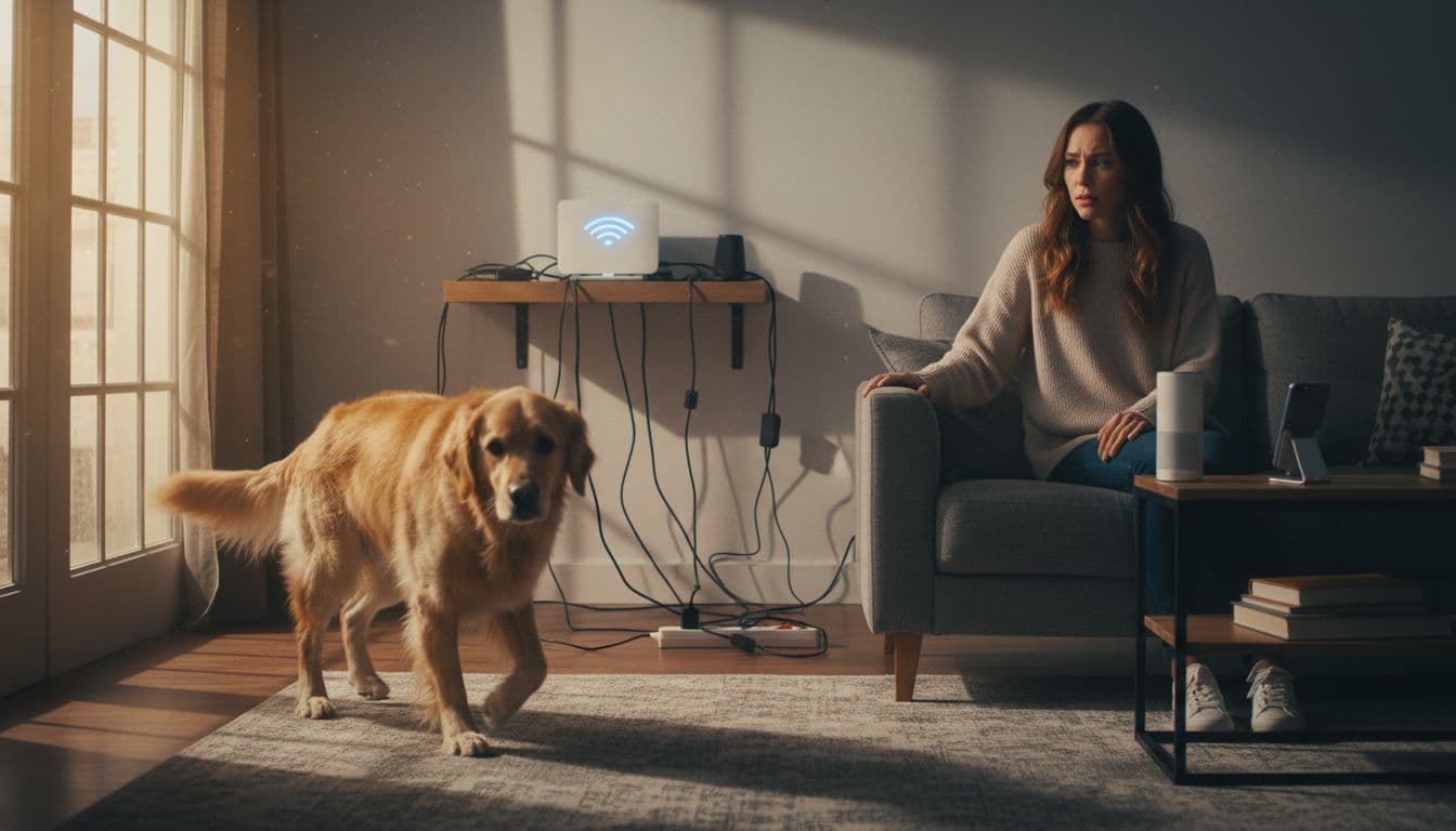 A golden retriever paces restlessly in a modern living room beside a Wi-Fi router, with a concerned owner watching from the sofa amid smart devices and evening light.