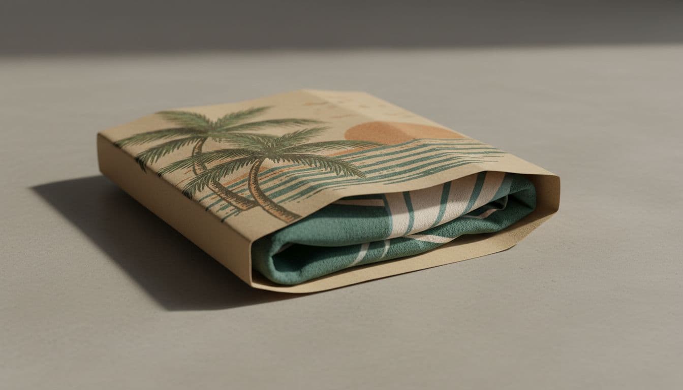 A pair of boardshorts wrapped in earthy palm tree illustration packaging, revealing synthetic fabric texture on a neutral studio surface in a modern editorial still life with soft natural light.