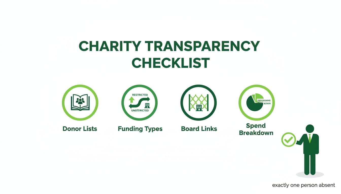 Clean professional infographic on white background with green accents, showing checklist icons for donor lists, funding types, board links, and programme vs admin spend.