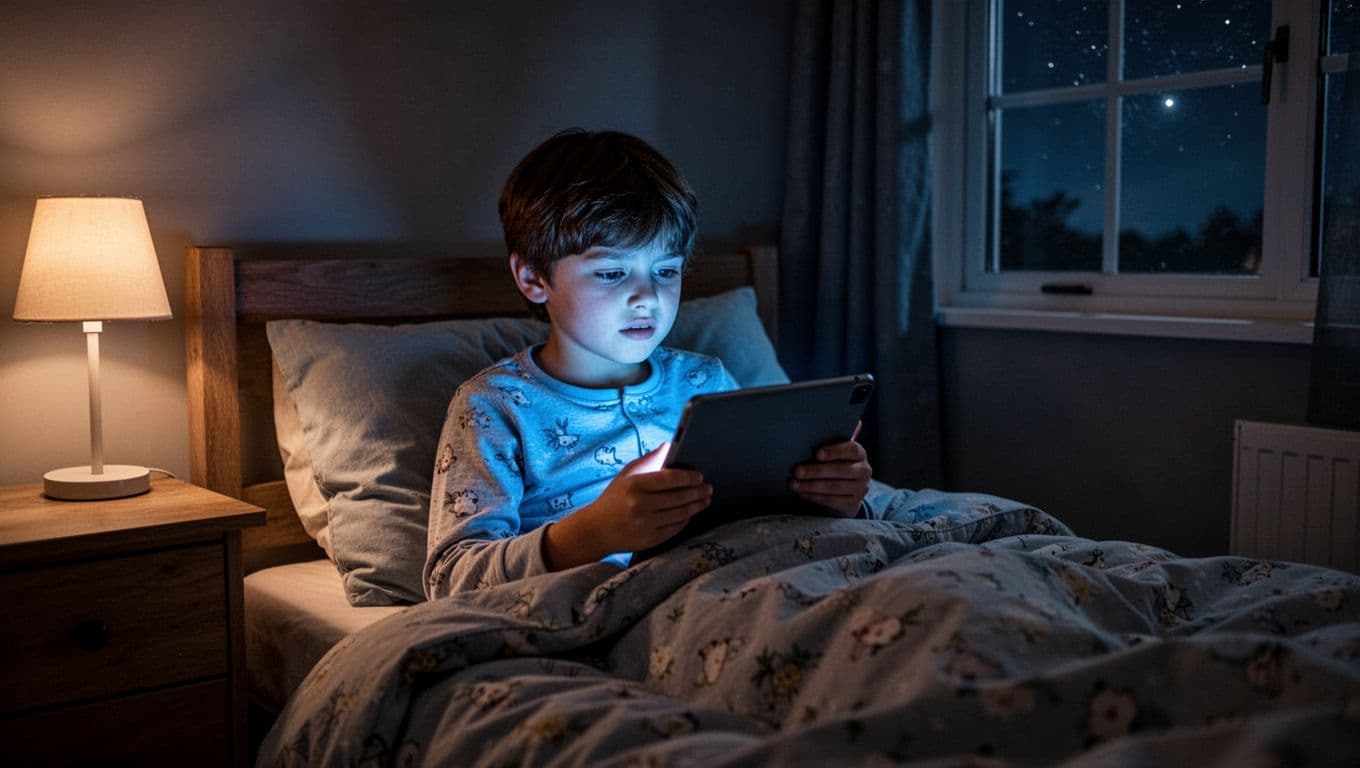 A 10-year-old child with short brown hair sits up in a dark bedroom at bedtime, holding a tablet that emits bright blue light illuminating their face and pyjamas-covered upper body, with a duvet pulled up and a tired yet engaged expression, highlighting screen light's impact on sleep.