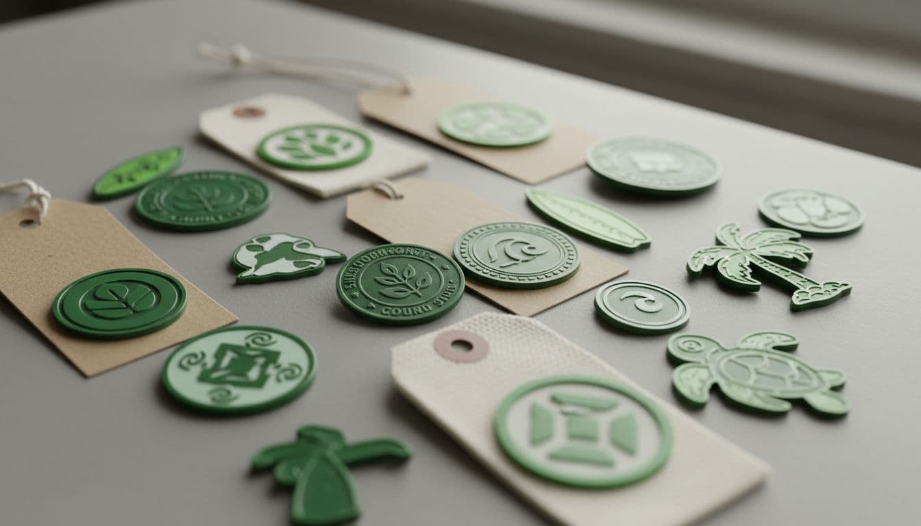 A collection of small green badge icons on generic surfwear tags, some appearing official and others decorative, captured in macro composition on a neutral tabletop with crisp editorial product photography under soft daylight.