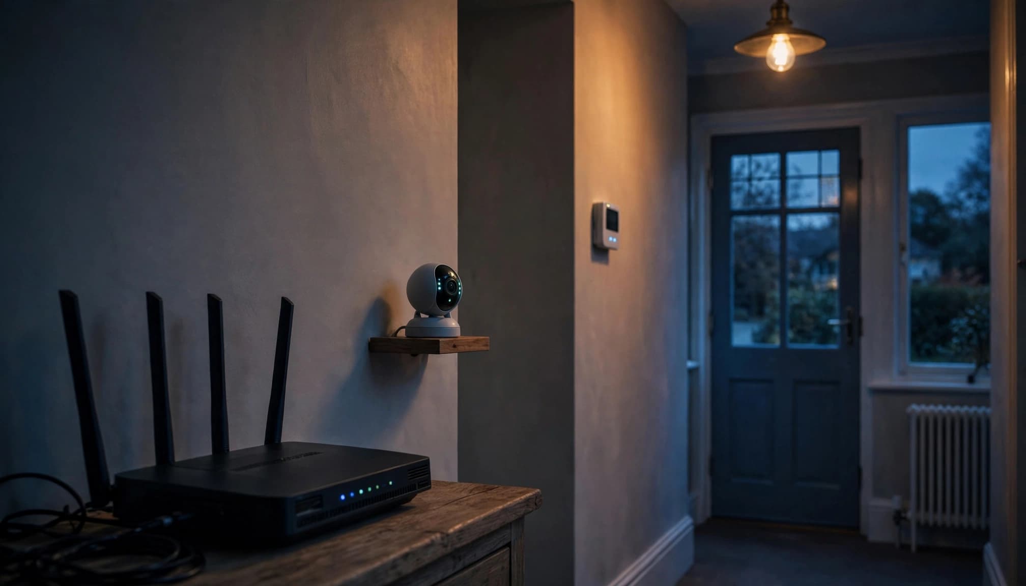A router, security camera and thermostat in a connected home.