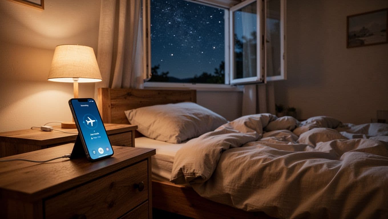 A photorealistic cozy bedroom at night features an empty bed with rumpled sheets suggesting restful sleep, a phone in airplane mode on a distant dresser with no charger nearby, soft lamp light, and an open window showing stars. The peaceful scene with warm low lighting emphasizes recovery and digital detox, with no people or screens visible.