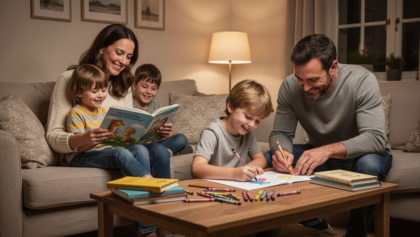 A peaceful family wind-down in a warmly lit living room features two parents and children aged 8 and 10: mum reading a picture book to the younger child on the sofa, dad and older child coloring at the coffee table, with books and crayons scattered, no screens visible.