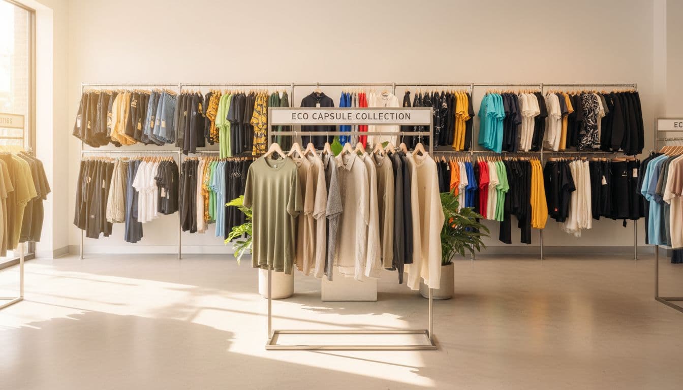 Clothing rack with conventional surf garments in the background and a small highlighted eco capsule collection in front, in a clean retail setting with balanced daylight.