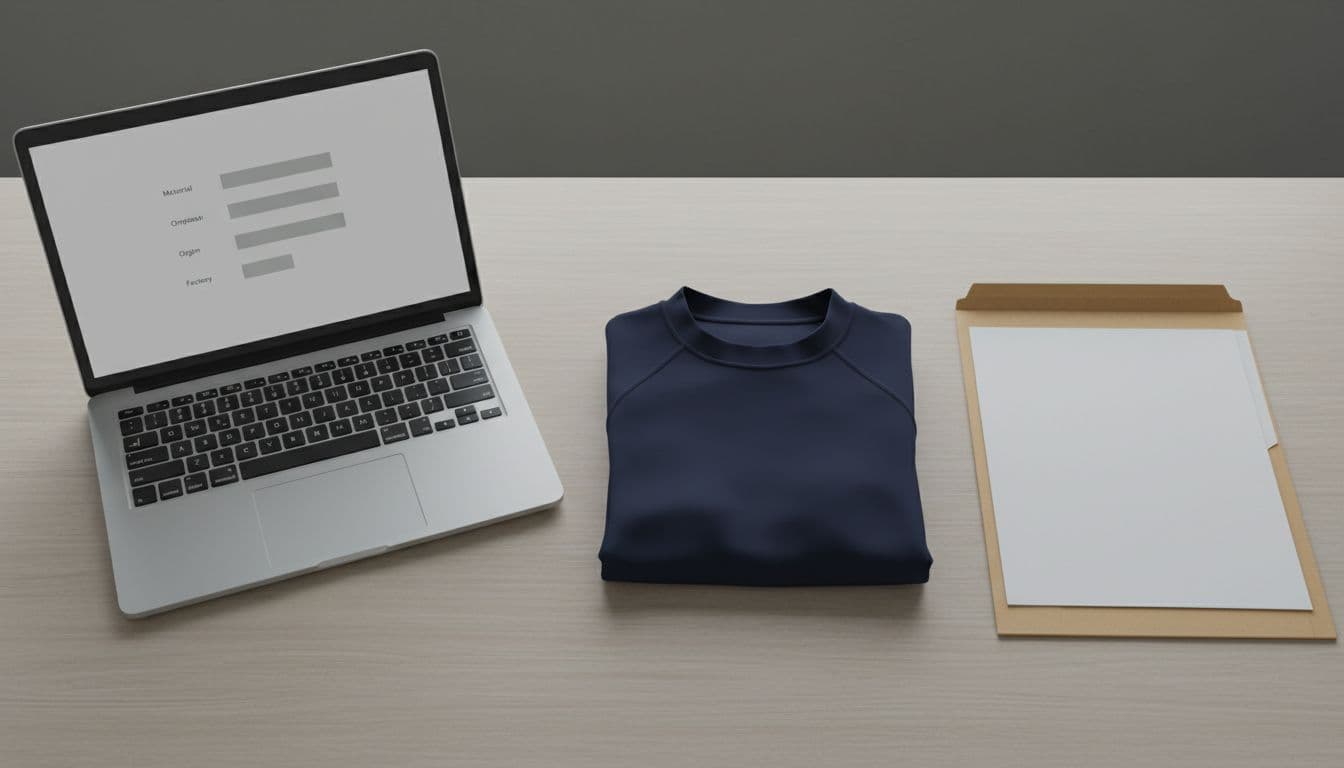 Minimalist top-down desk scene featuring a laptop with blank surfwear product spec fields beside a folded rash guard and missing paperwork, emphasizing absence of material and supply chain transparency.
