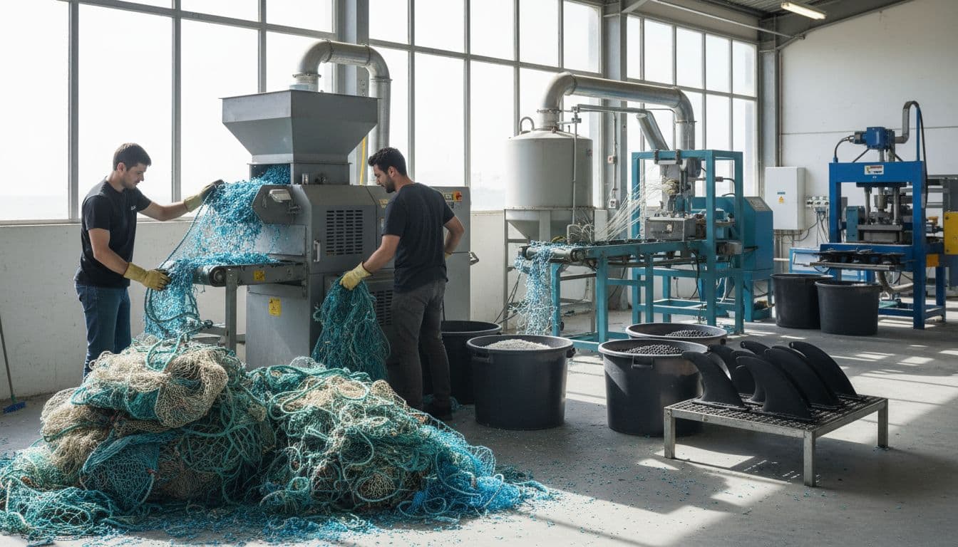 Workers in gloves sort and shred piled fishing nets into flakes on a coastal recycling facility floor, with background machinery turning flakes into plastic pellets and molded surfboard fins under bright natural daylight.
