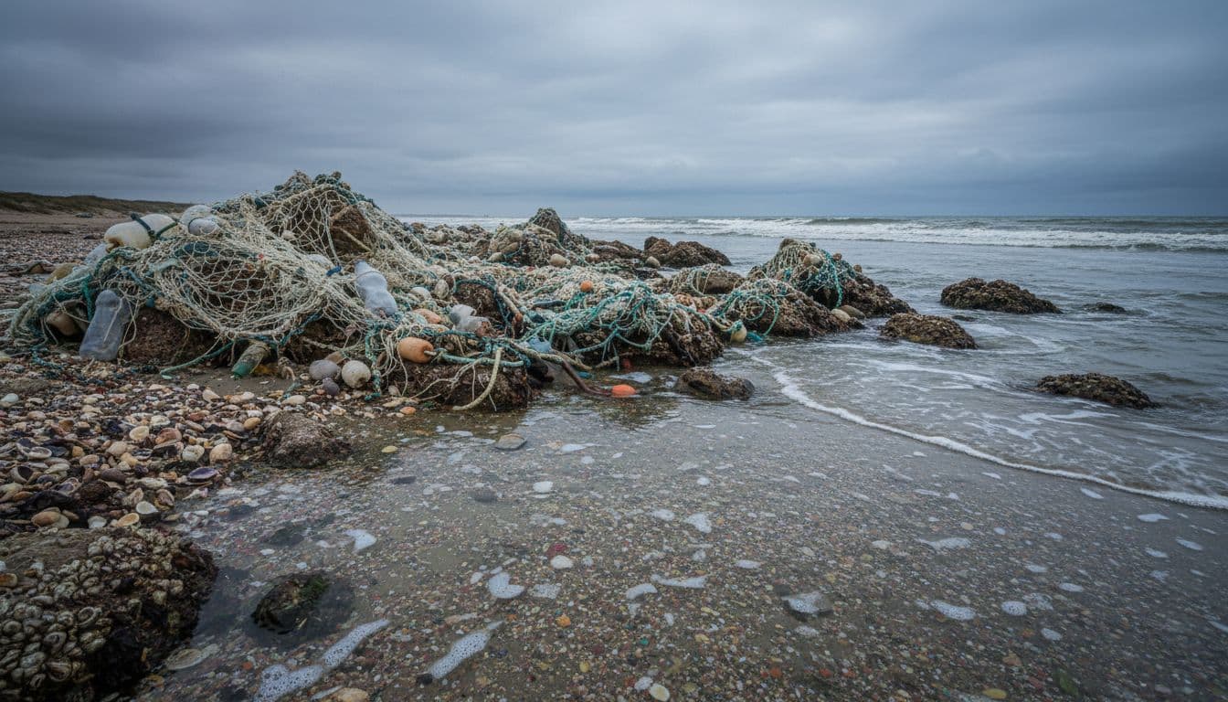 Ocean beach littered with ghost fishing nets tangled around rocks and seashells, subtle microplastic particles in the foreground water, moody overcast sky, realistic photography style emphasizing scale of pollution.