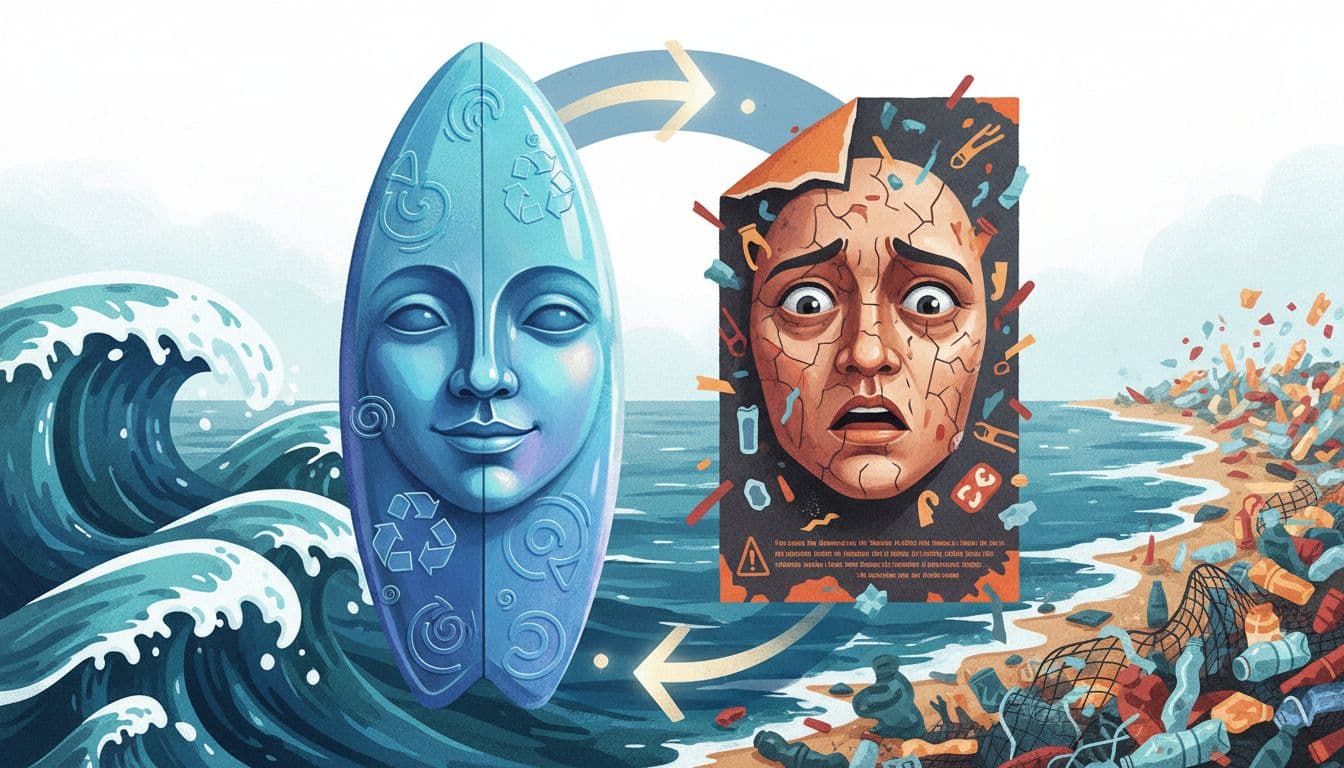 Visual metaphor of two connected heads in a loop: one as a glossy eco surf brand with recycled symbols, the other as an urgent charity poster with microplastic threats, arrows illustrating hype feeding sales and sales funding hype, against ocean waves and plastic debris.