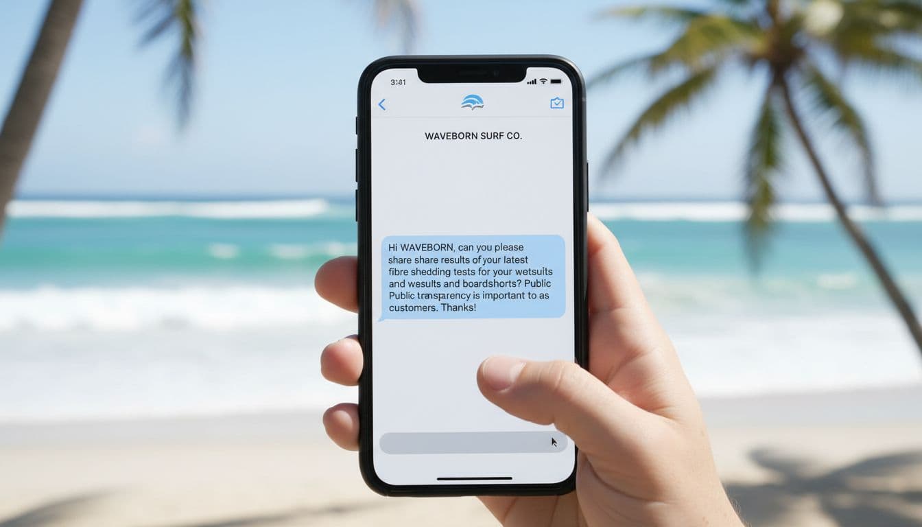 Close-up of a hand naturally holding a phone screen displaying a typed DM message requesting fiber shedding test results from a surf brand, with two fingers lightly touching the screen, blurred beach background, realistic bright lighting.