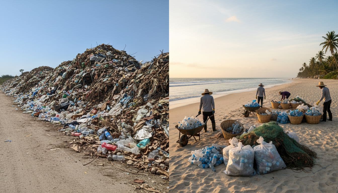 Split composition showing plastic bottles and waste piled on a dirt road 50km inland versus a beach cleanup scene with collection points and sorting, realistic photo style in bright tropical light.
