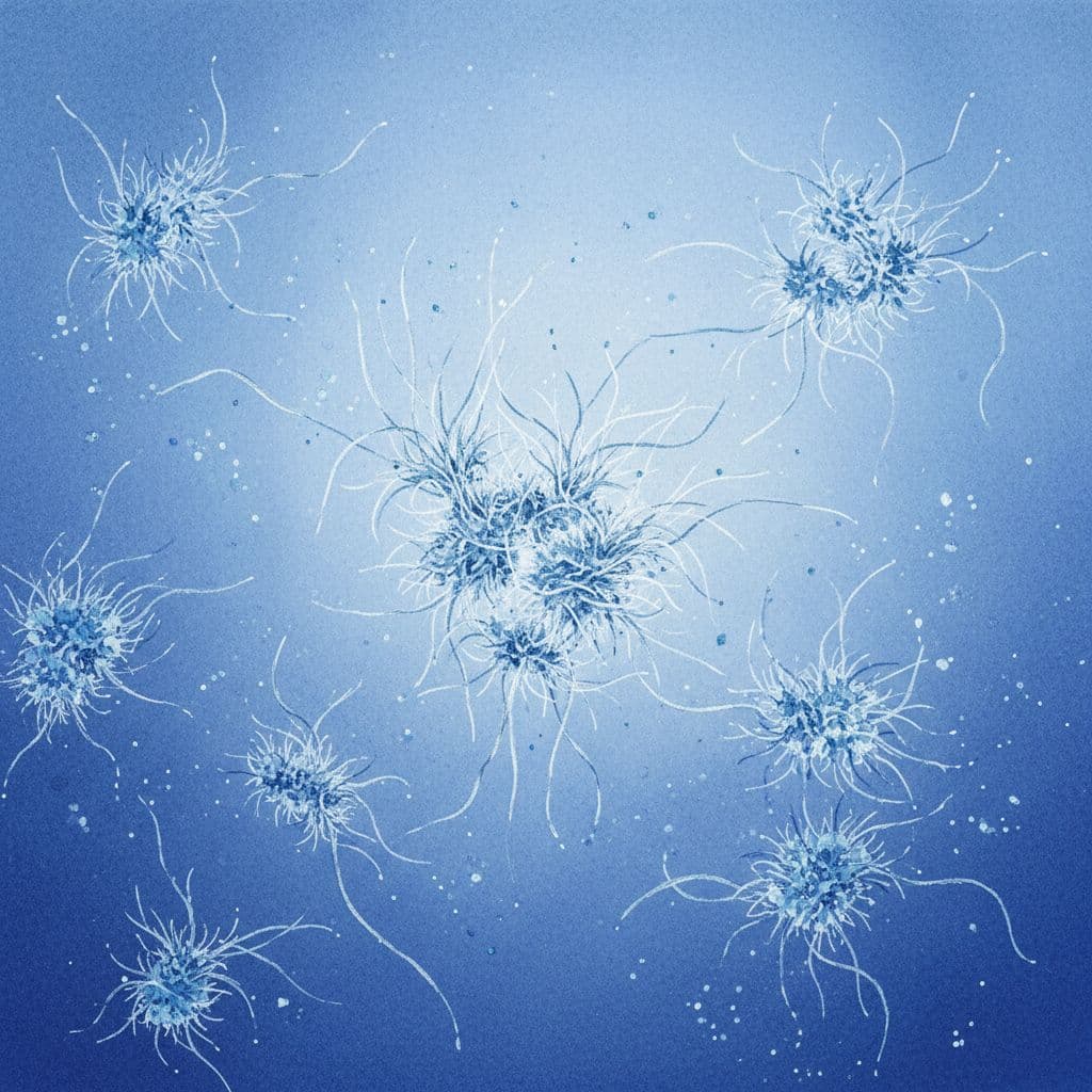 Microscopic view of tiny synthetic fibres floating in clear water under microscope light, blue tones, clusters of short fine fibres from recycled polyester, scientific illustration style.