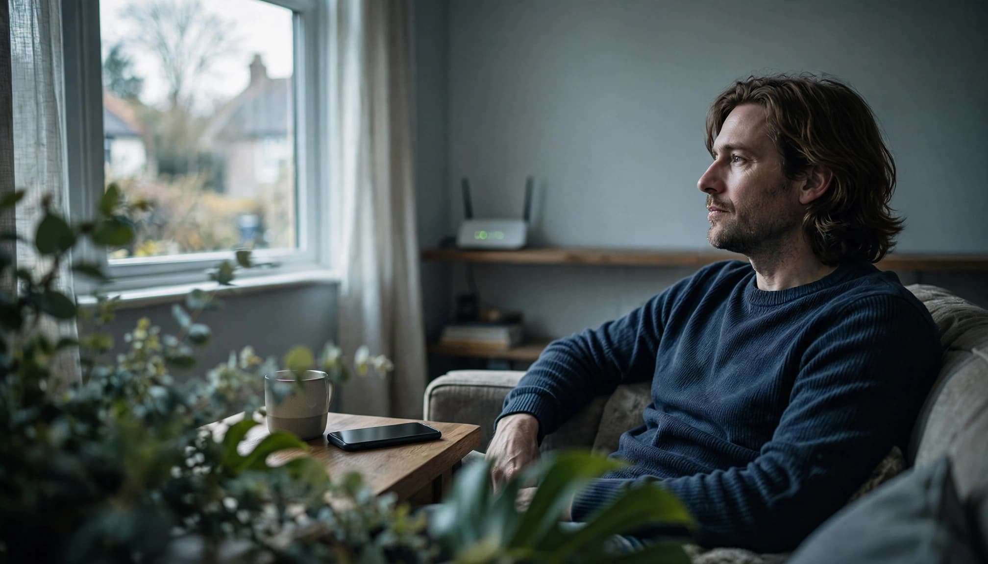 A man sitting in a quiet living room, with a mobile phone on a nearby table.