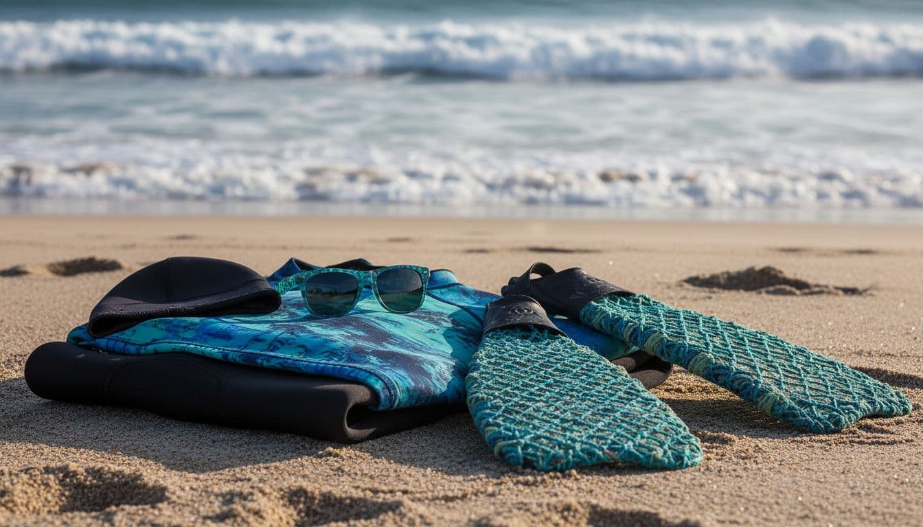 Close-up assortment of surf gear including wetsuit with rash vest, cap, sunglasses, and fins made from recycled fishing nets, displayed on a sandy beach with ocean waves in the background under natural sunlight.