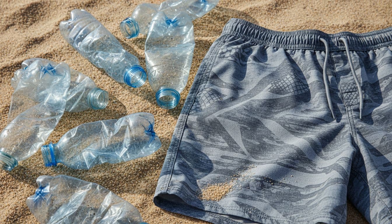 Still life of recycled plastic bottles beside surf boardshorts made from synthetic fabric on shoreline sand, close editorial composition with realistic textures in soft daylight.
