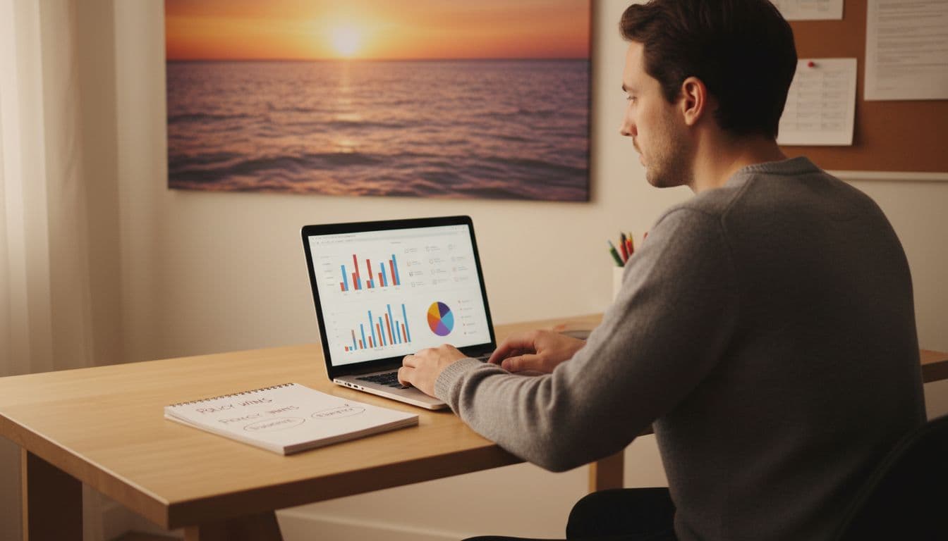 A person sits at a desk in a simple home office, reviewing charity reports and checklists on a laptop, with hands naturally resting on the keyboard. Soft lighting illuminates the scene, featuring an ocean poster, illustrating the vetting process for donations.