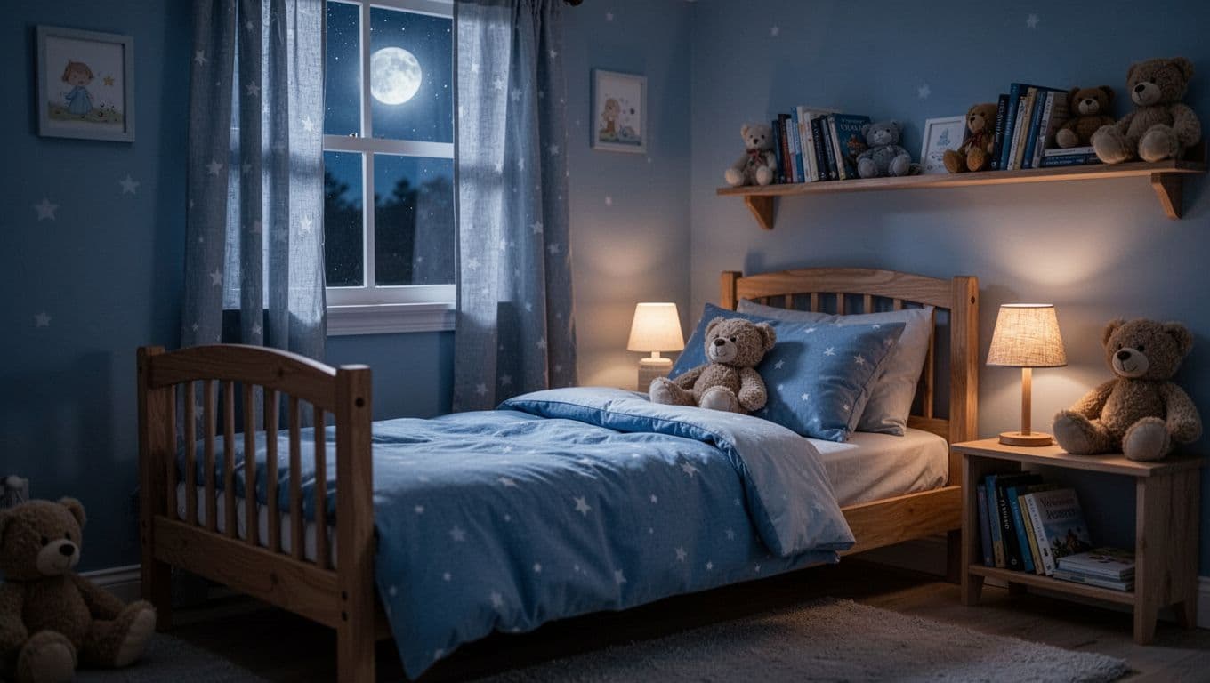 A serene child's bedroom at night optimized for good sleep, with a neatly made single bed featuring a cosy blue duvet, pillows, and exactly one teddy bear, bathed in soft moonlight and dim warm lamp light. The peaceful room includes wooden elements, bookshelves, stuffed animals, calming blue and neutral tones, no electronics or people present.