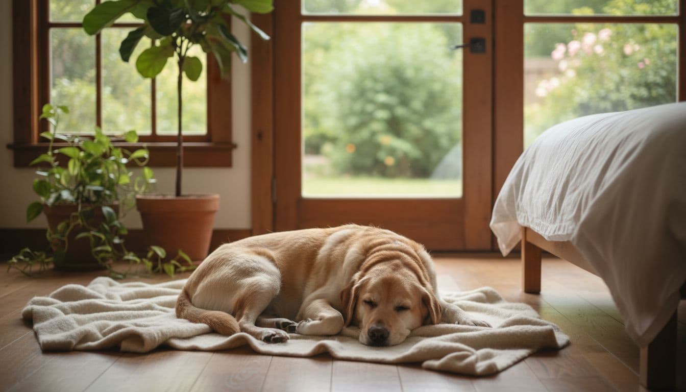A calm Labrador dog sleeps peacefully in a tech-free bedroom corner with soft natural light, simple bedding, nearby plants, and a view of outside greenery, creating a relaxed and tranquil atmosphere without any electronics.