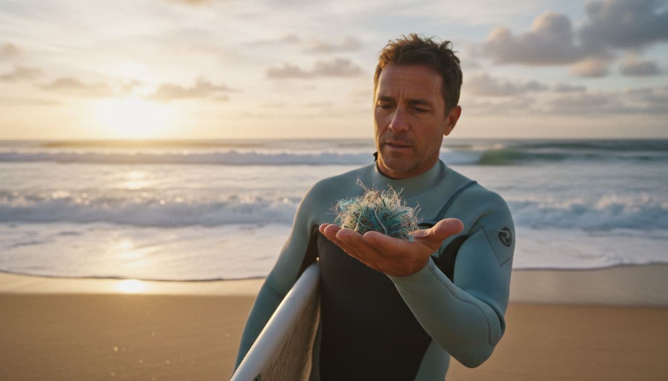 A surfer stands on the beach holding a handful of tiny synthetic microfibres from a laundry filter, closely inspecting them with crashing ocean waves in the background under natural daylight.