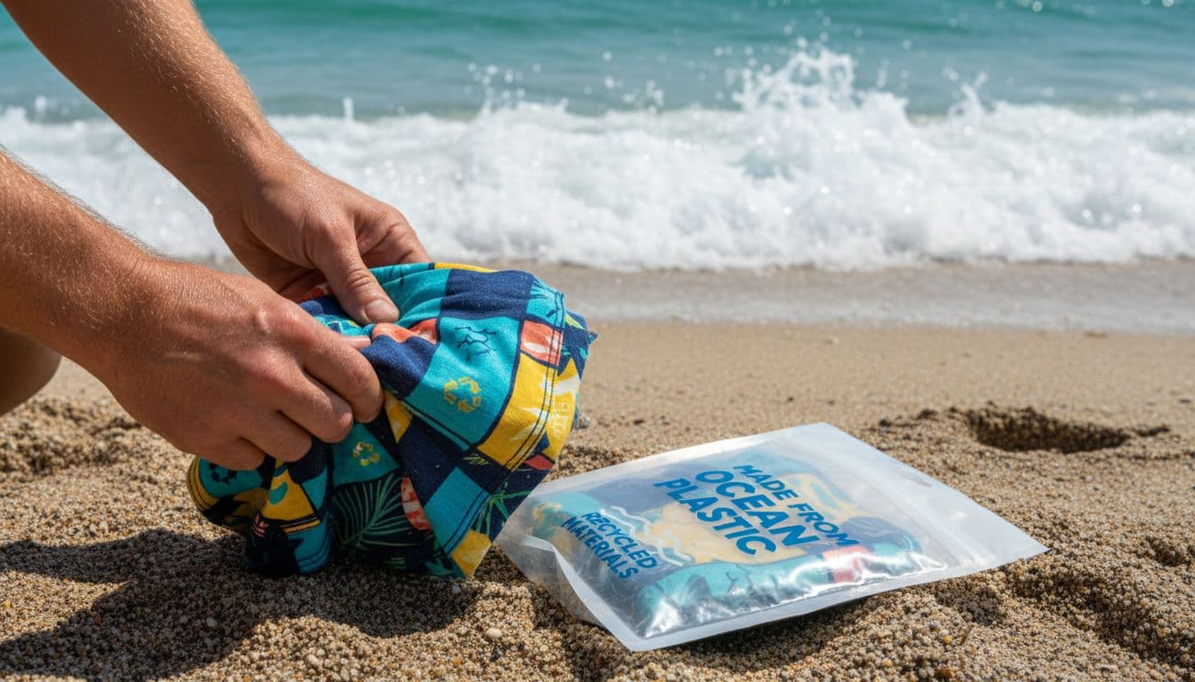 Close-up of surfer's hands holding colorful boardshorts with eco icons like recycled symbols and waves, on a sandy beach near crashing waves, glossy packaging nearby claims 'made from ocean plastic'.