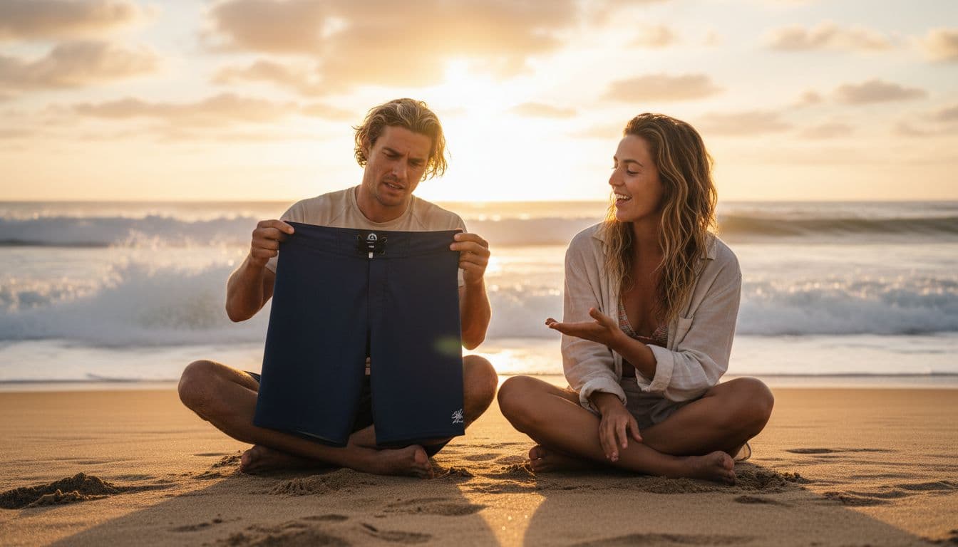Two surfers sit on a sandy beach in lively conversation, one skeptically examining the label on boardshorts, waves crashing in the golden hour background.