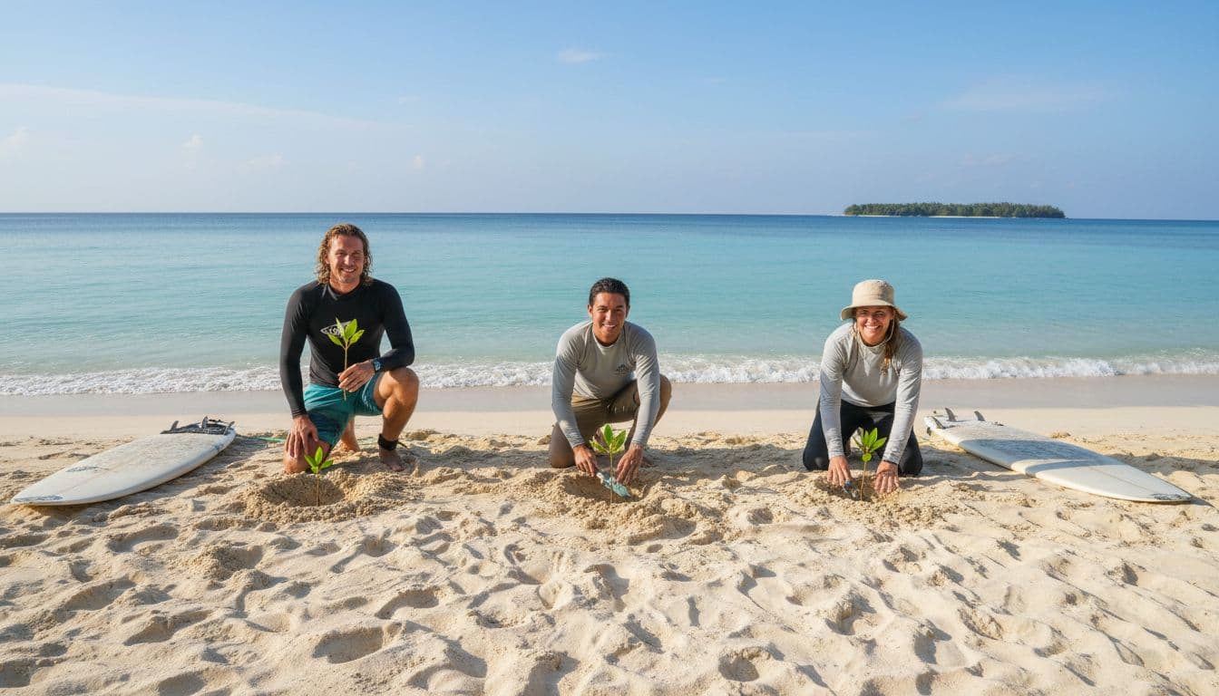 Two surfers and one volunteer plant mangrove seedlings on a pristine sandy beach edge near turquoise ocean waves, showcasing collaborative ocean advocacy under soft morning sunlight.