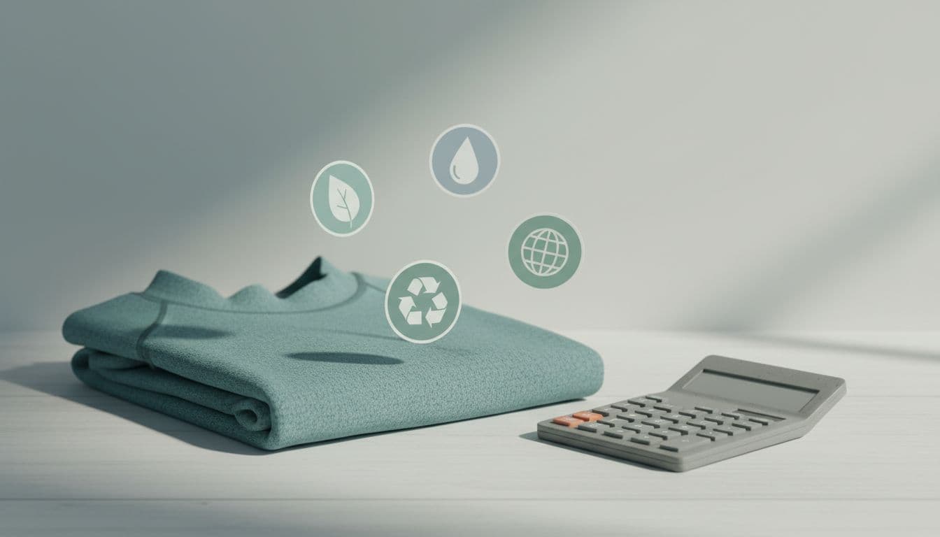 A close-up of generic sustainability claim icons hovering over a surf garment and a calculator with no numbers shown, in a minimal studio setup with soft shadows and muted palette.