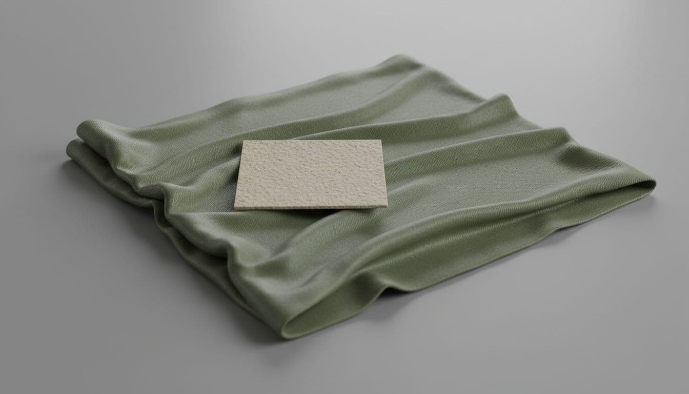 A close-up bikini fabric swatch set with a small recycled-content tag tucked under a much larger synthetic garment on a neutral studio table, highlighting the scale mismatch in editorial product photography with soft diffused light.
