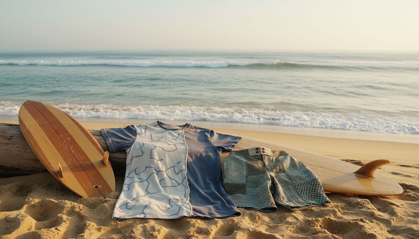 Upcycled surf t-shirt and boardshorts made from natural fibers, arranged neatly on a golden sand beach with surfboards leaning nearby, calm ocean waves and horizon in the background, photorealistic style under soft morning sunlight, no people present.