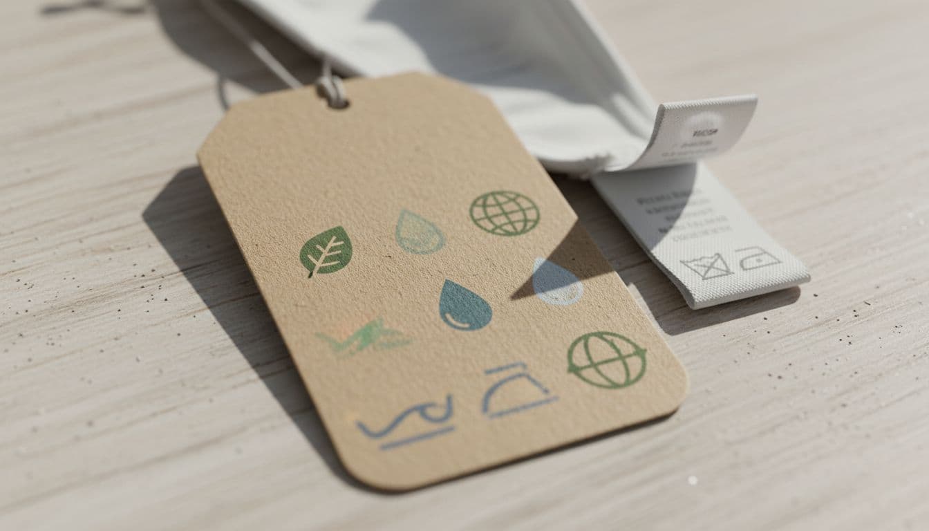 Close-up macro photo of a surf bikini hangtag with generic eco-themed icons lacking details, next to a partially visible fabric care label, in a simple tabletop scene with crisp editorial style and soft daylight.