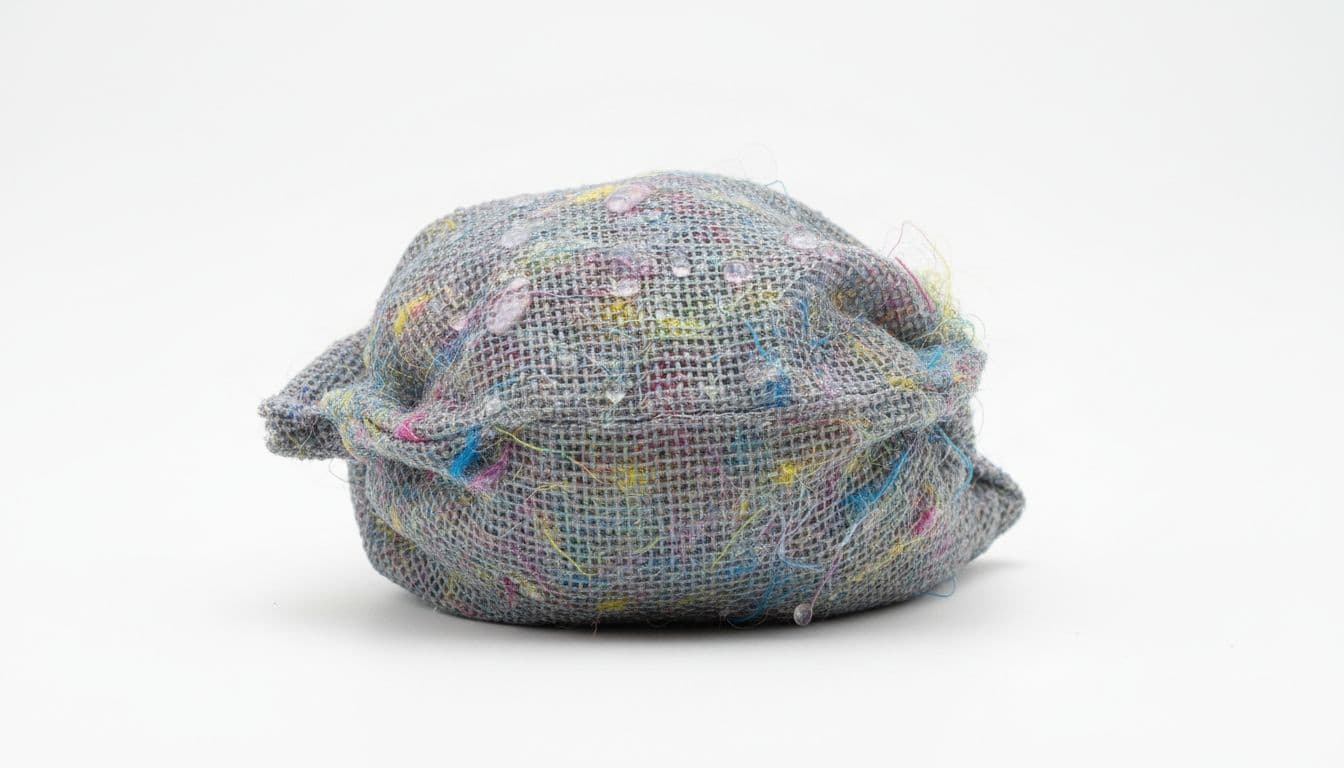 Close-up of a washing machine filter bag filled with trapped blue and colourful synthetic microfibers after a laundry cycle, water droplets on surface, simple white background, realistic product photo style.