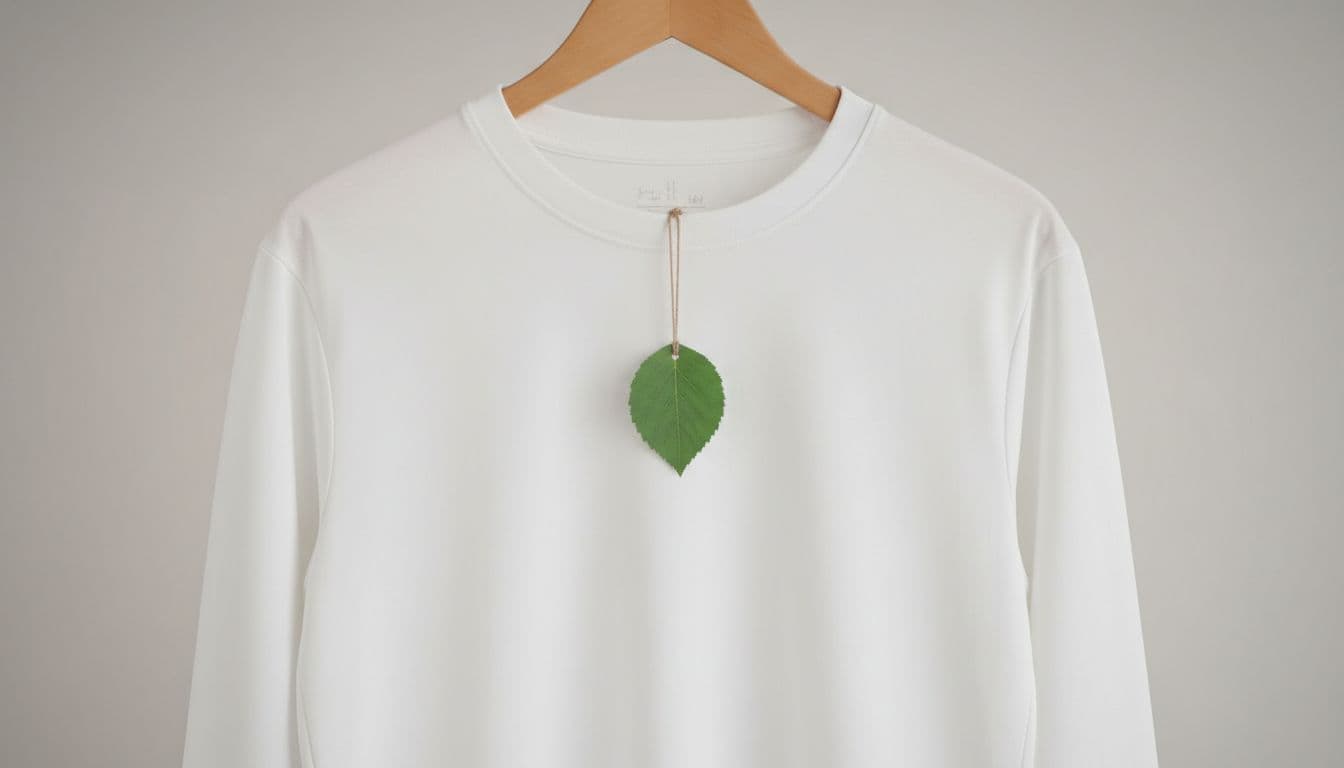 A single white surf tee on a simple hanger featuring a small generic leaf symbol tag, against a clean neutral studio backdrop. Close composition with minimal editorial product photography, soft diffused light, highlighting the gap between eco styling and unclear proof.