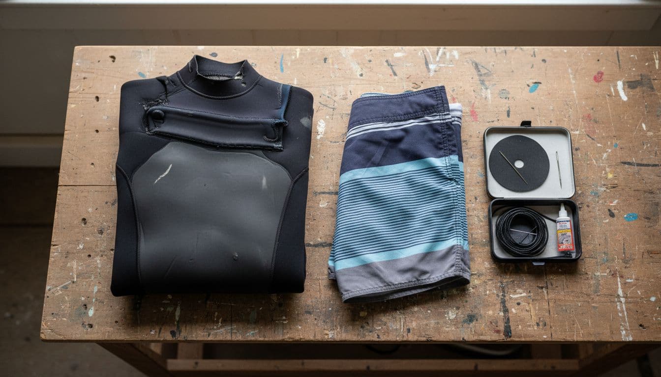 A worn surf wetsuit and boardshorts neatly folded beside a repair kit with patch and thread on a simple workshop table, top-down composition in realistic editorial photography with soft natural light.