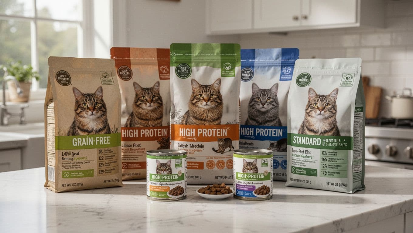 A selection of three commercial cat food bags and two cans displayed casually on a bright kitchen counter in a cozy home setting, featuring grain-free, high-protein, and standard formulas with abstract visible labels.
