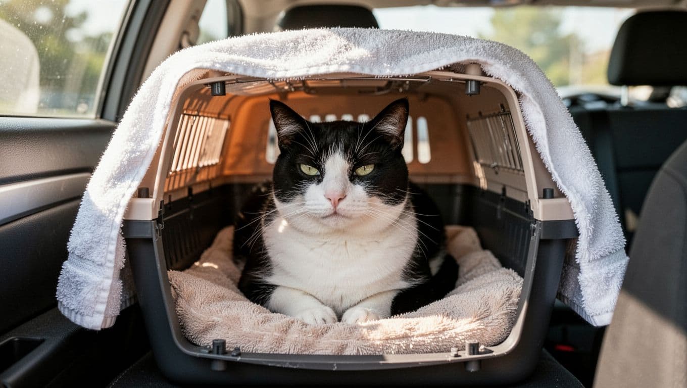 A calm black and white cat sits comfortably inside a towel-covered carrier during a stable car ride, with soft bedding and gentle daylight through the window creating a serene mood.