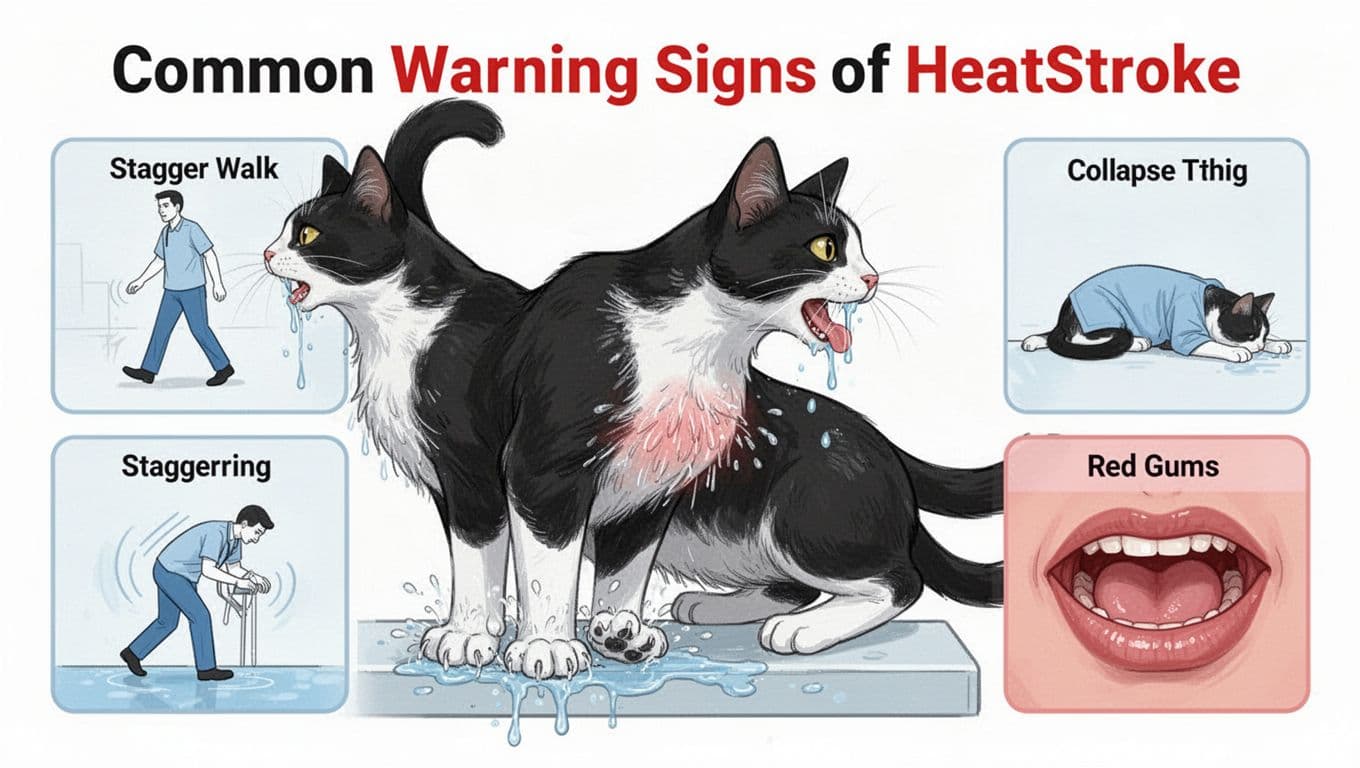 Illustration of a black and white cat showing key heatstroke symptoms including panting with drool, sweaty paws, rapid breathing, plus inset panels for staggering gait, collapse, and red gums in a clean veterinary infographic style.