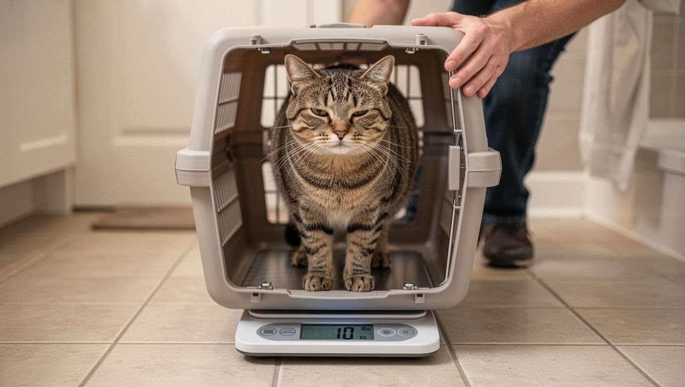 A domestic shorthair cat stands calmly on a bathroom scale inside a pet carrier on the floor, with the owner's hand gently holding it steady in the blurred background. The simple home bathroom features tile flooring and soft lighting, focusing on the cat's relaxed face and scale reading around 10 lbs.