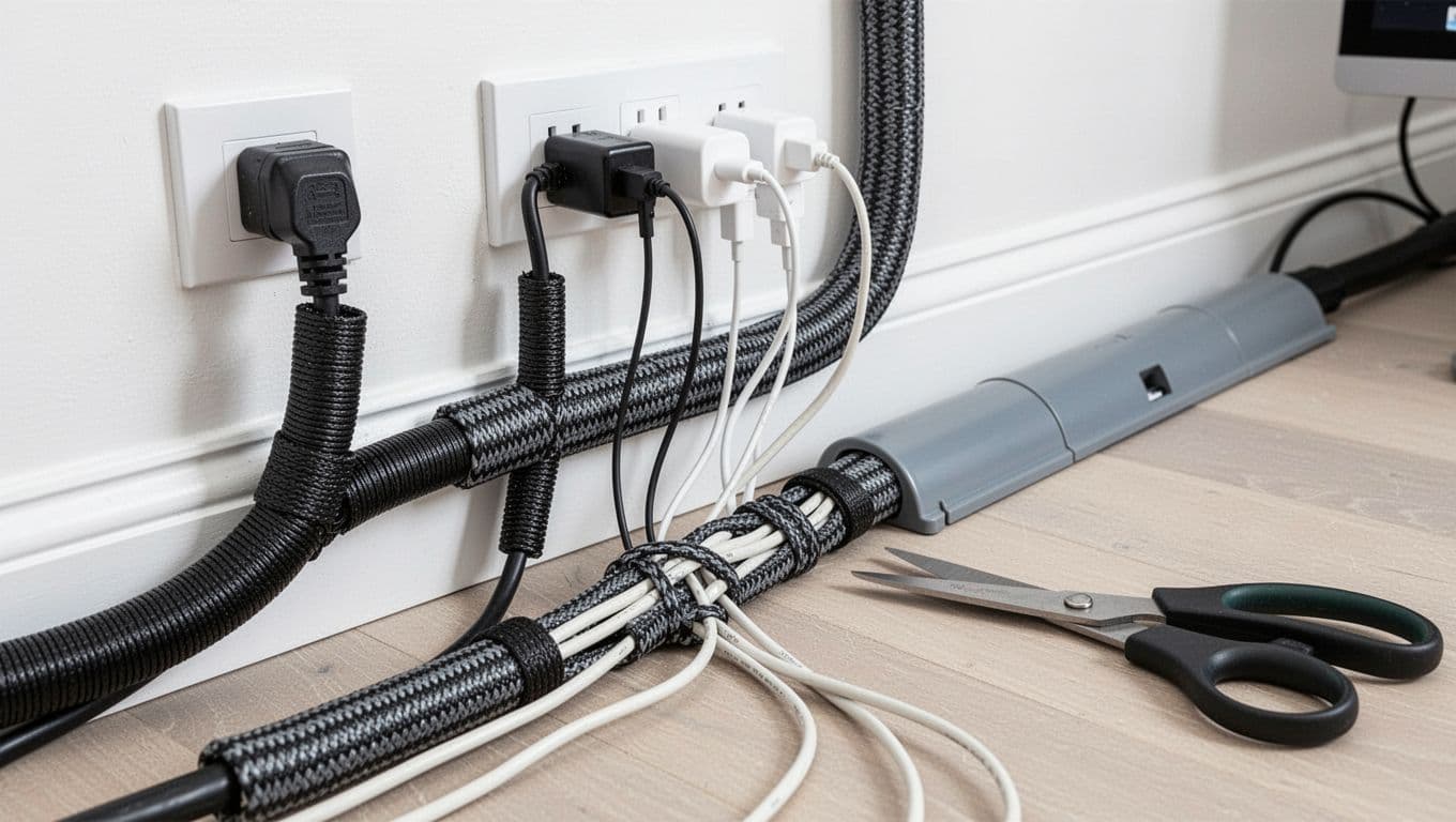 Close-up of various cat-proof cord protectors including split loom tubing, braided sleeves, and rigid plastic covers on electrical cords along a baseboard in a home office.
