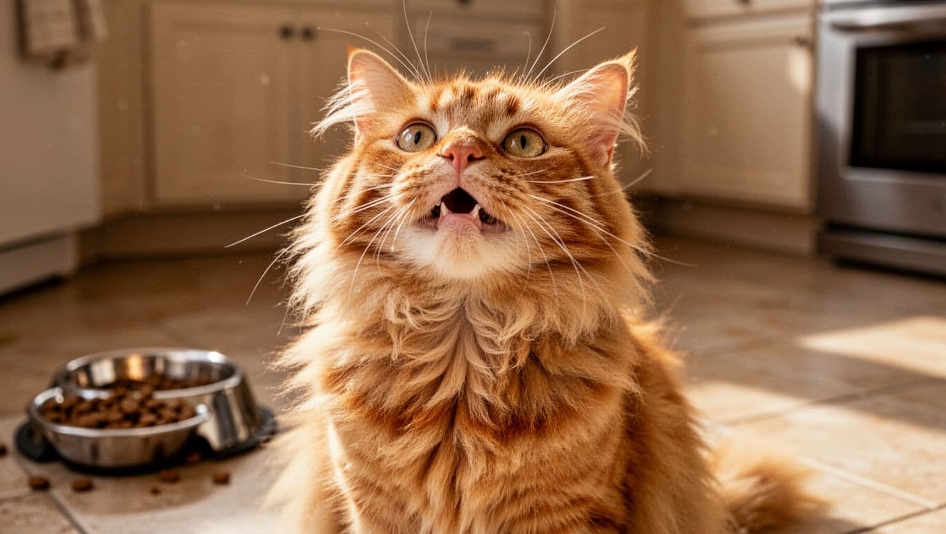 Close-up of a fluffy orange cat making a trill or chirrup sound, head tilted up with mouth slightly open, bright friendly eyes, relaxed cheeks, sitting on kitchen floor near food bowl in warm morning light, photorealistic style.