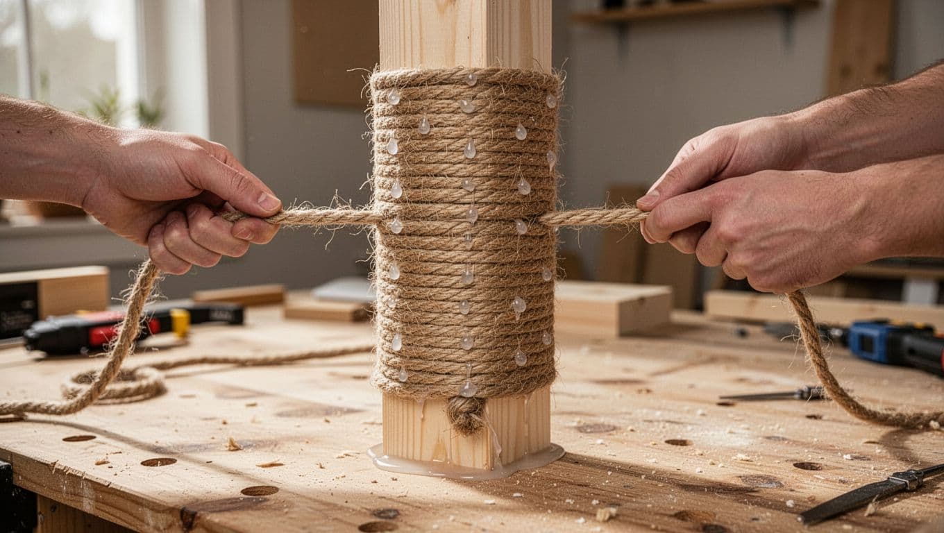 Close-up of two hands pulling sisal rope taut while wrapping it tightly around a wooden 2x4 post on a workbench for a DIY cat tree, starting glued at the bottom with hot glue dots every few inches and end secured underneath in natural daylight.