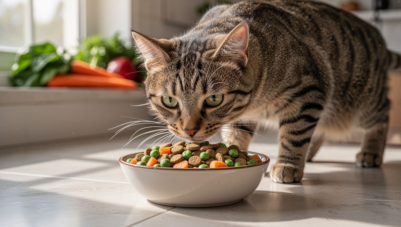 A domestic shorthair cat intently sniffs a bowl of colorful plant-based kibble made from peas, lentils, and veggies on a clean kitchen floor with morning light and blurred vegetables in the background.