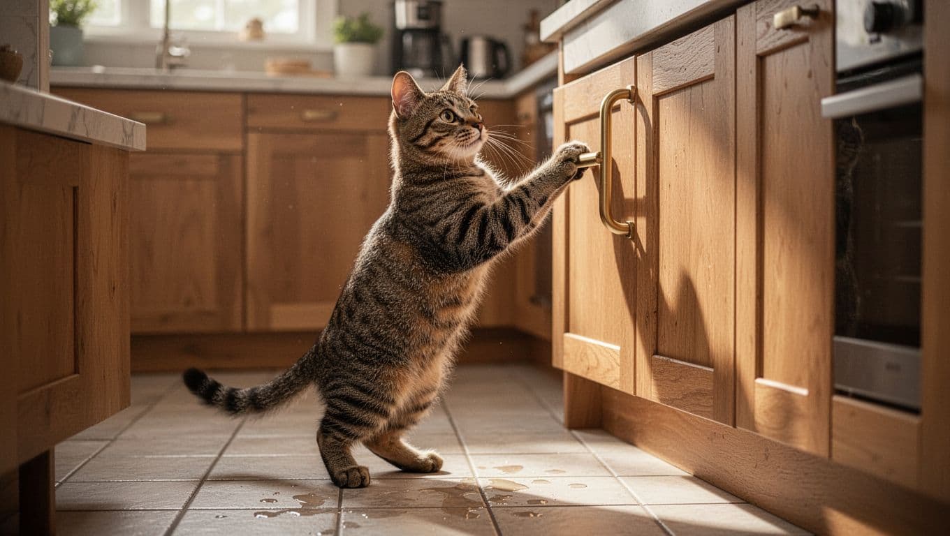 A curious tabby cat stands on hind legs pawing at the wooden kitchen cabinet door handle under the sink, with morning sunlight illuminating the tiled floor and cozy modern kitchen background.