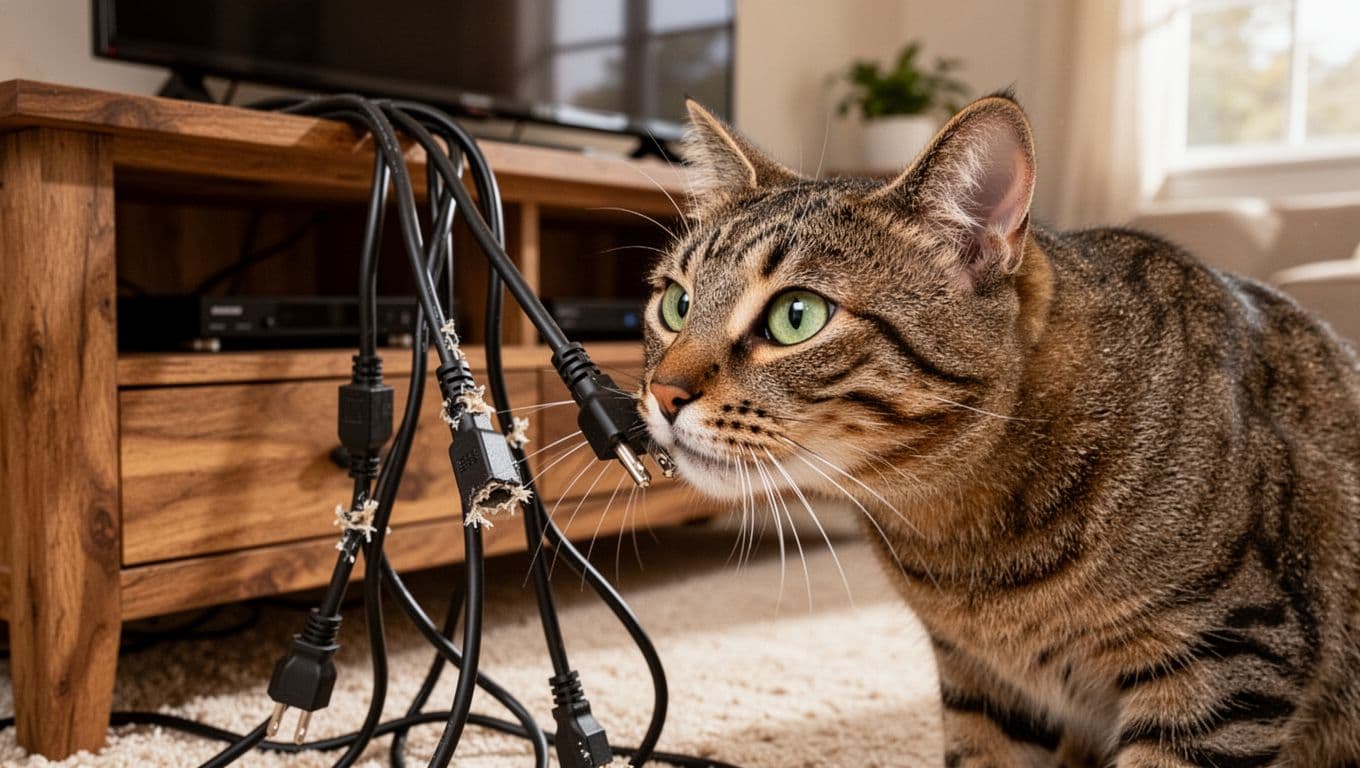 A curious tabby cat with green eyes sniffs at a bundle of black electrical cords with chew marks dangling behind a wooden TV stand in a cozy living room.